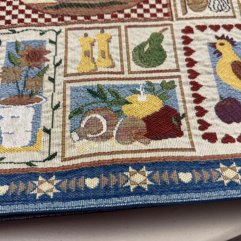 Vintage Tapestry Placemats Set of 7 Blue Red Farmhouse Rooster Apple Kitchen